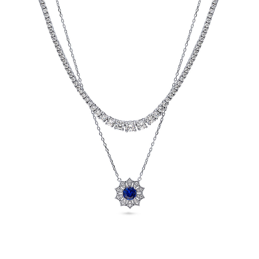 Graduated Flower Milgrain Blue CZ Necklace Set in Sterling Silver