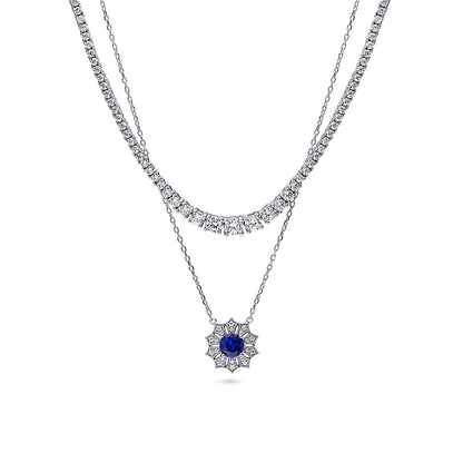 Graduated Flower Milgrain Blue CZ Necklace Set in Sterling Silver