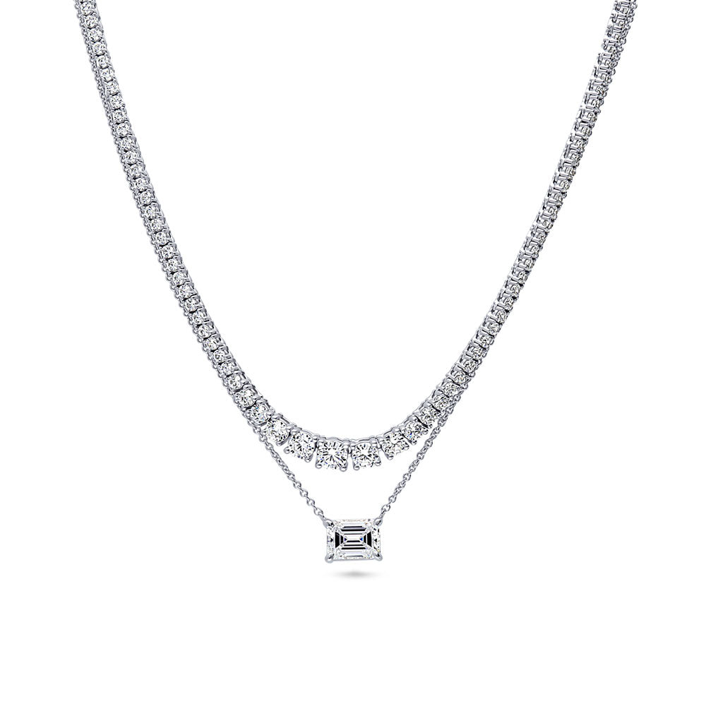 East-West CZ Pendant And Tennis Necklace Set in Sterling Silver
