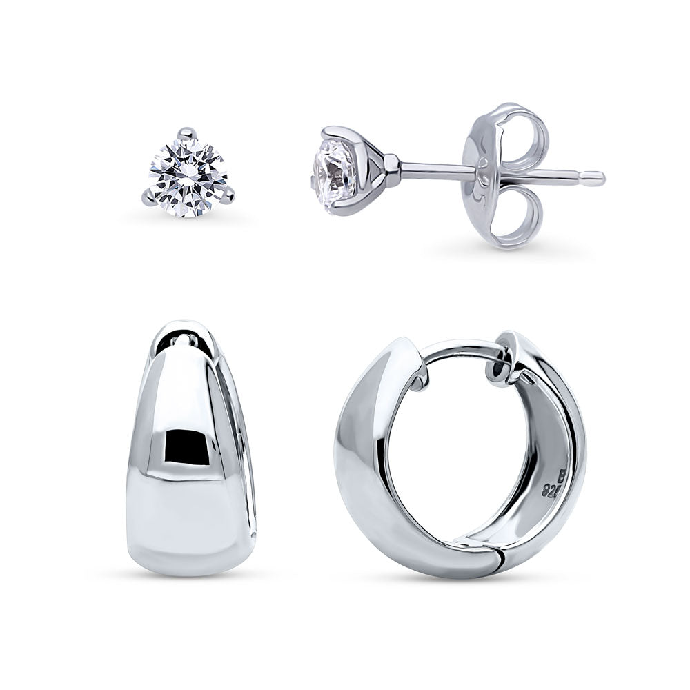 Dome CZ 2 Pairs Huggie and Stud Earrings Set in Sterling Silver