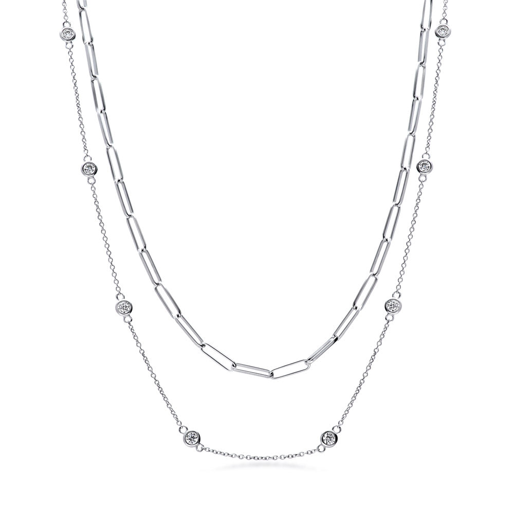 Paperclip CZ Layered Chain Necklace Set in Sterling Silver