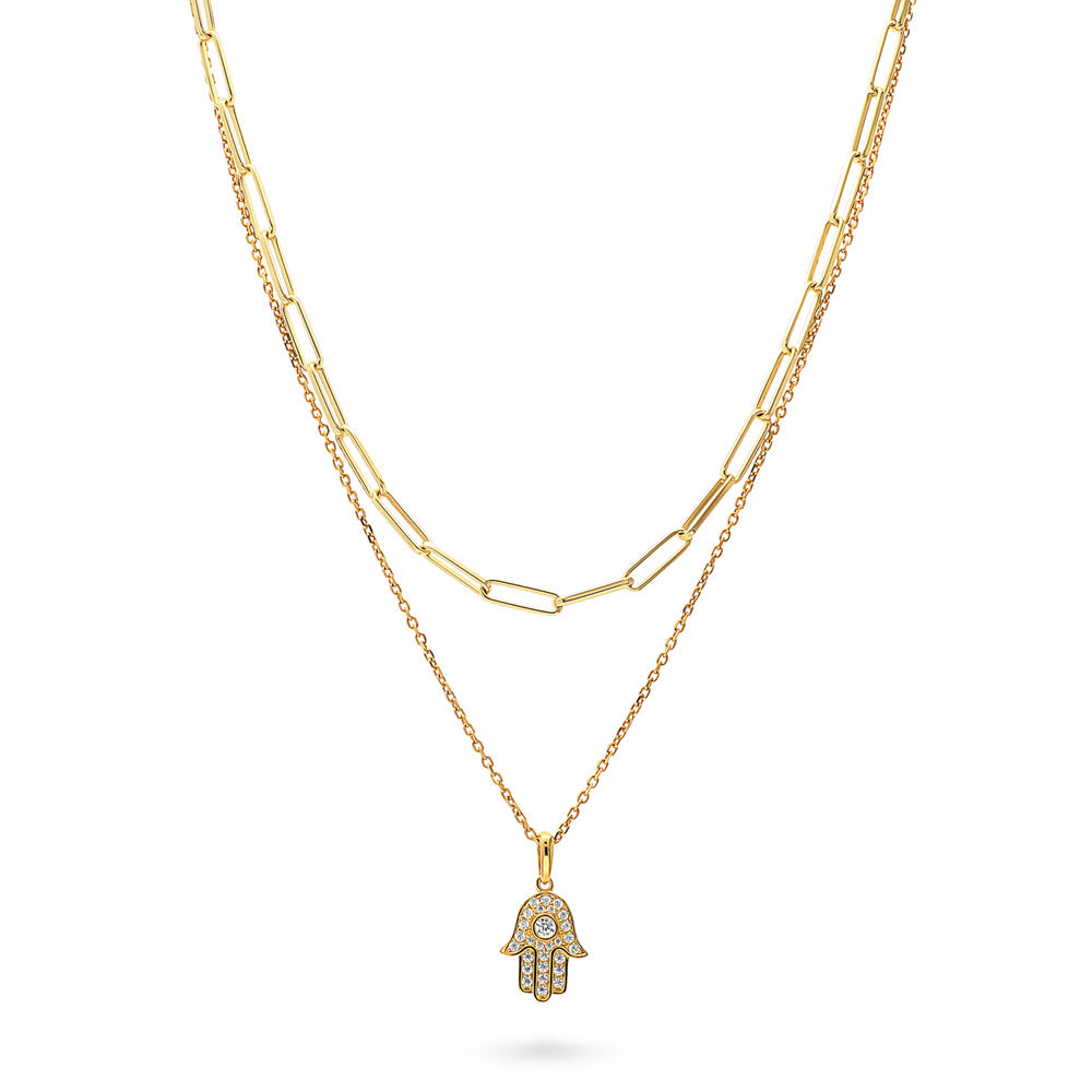 Hamsa Hand CZ Chain Necklace in Gold Flashed Sterling Silver, 2 Piece