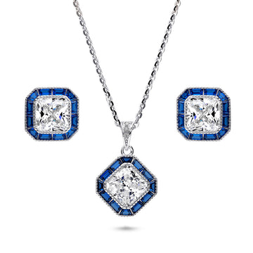 Halo Art Deco Princess CZ Necklace and Earrings Set in Sterling Silver