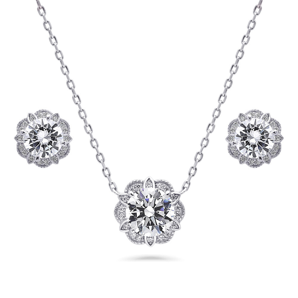 Flower Halo CZ Necklace and Earrings in Sterling Silver